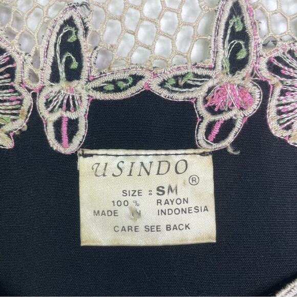 Vintage Embroidered Black Dress White Floral Lace Rayon Dress Pink Green - Picture 7 of 9